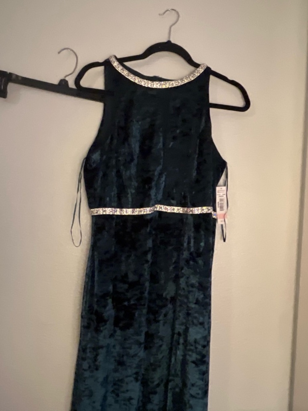 R&M Richards Dark Green Velvet Dress with Rhinestone Accents